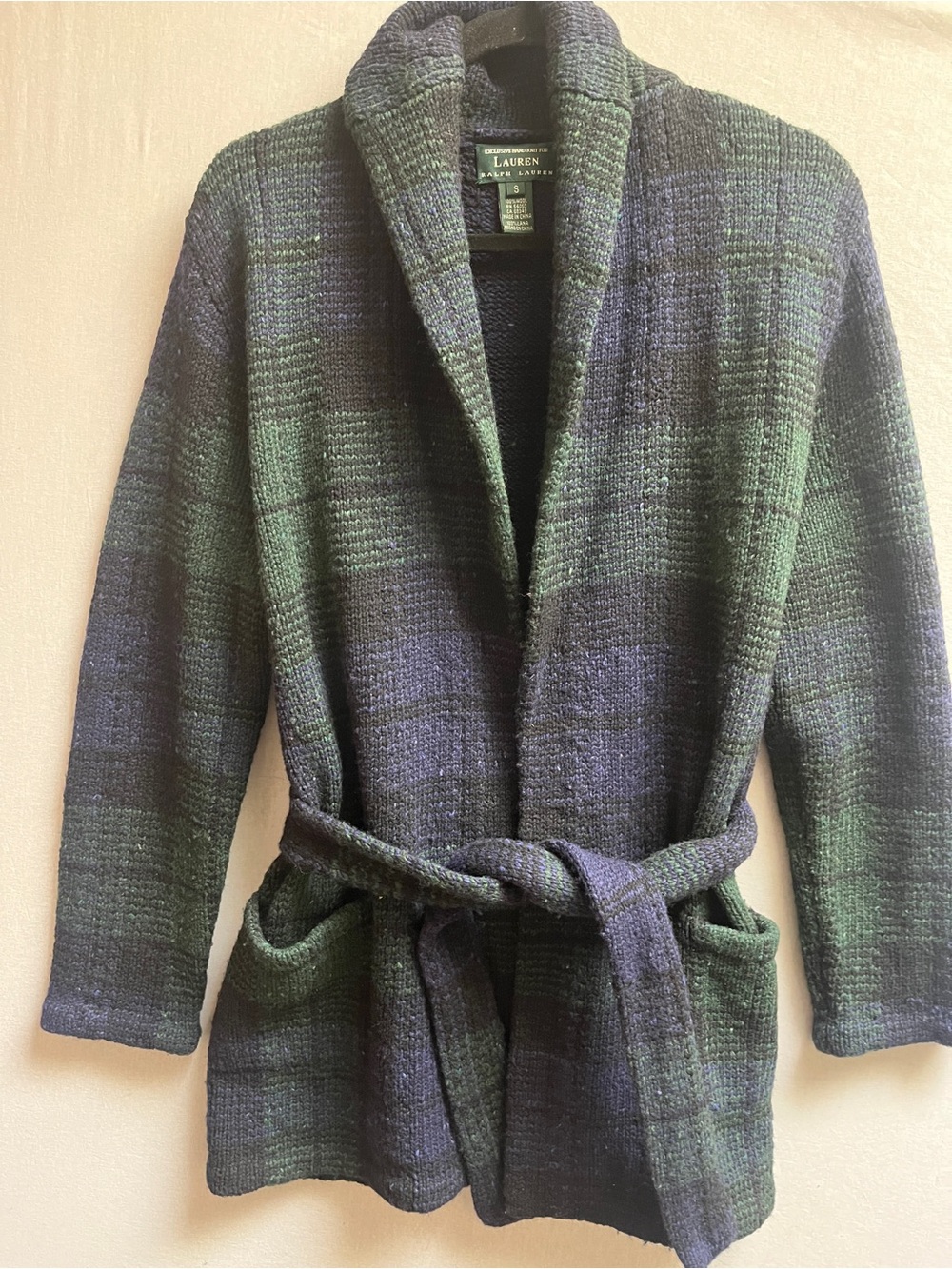 Lauren Ralph Lauren 100% Wool Plaid Knit Belted Cardigan Sz S